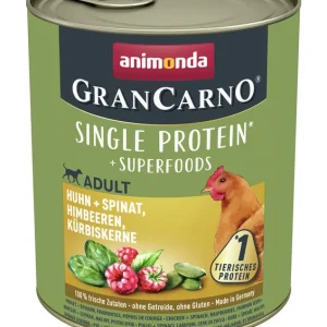 Sparpaket 24 x 800 g Animonda GranCarno Single Protein Superfoods Adult Huhn + Spinat, Himbeeren, Kürbiskerne Hunde Nassfutter Schnäppchen